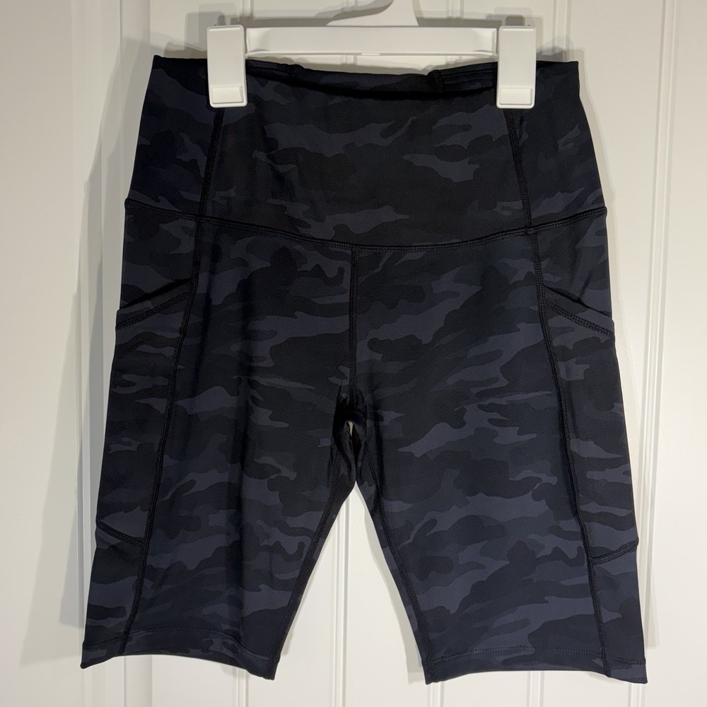 Black Camo Biker Shorts Womens M High Waist Athletic Gym Yoga Stretch